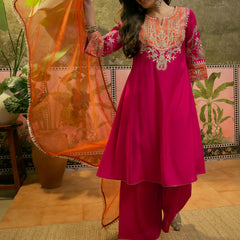 Floral Embroidered Straight Kurta With Trouser & Dupatta Kurta Set