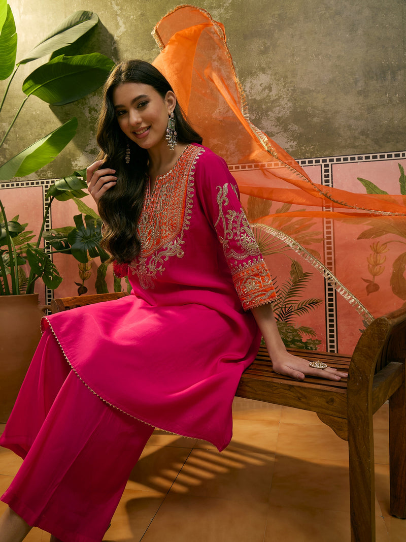 Floral Embroidered Straight Kurta With Trouser & Dupatta Kurta Set