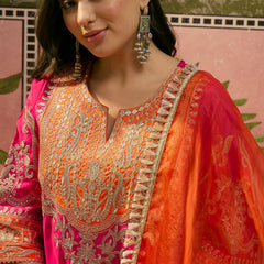 Floral Embroidered Straight Kurta With Trouser & Dupatta Kurta Set