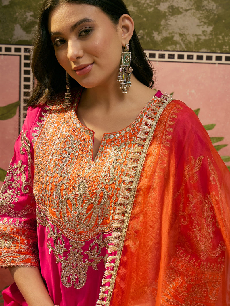 Floral Embroidered Straight Kurta With Trouser & Dupatta Kurta Set