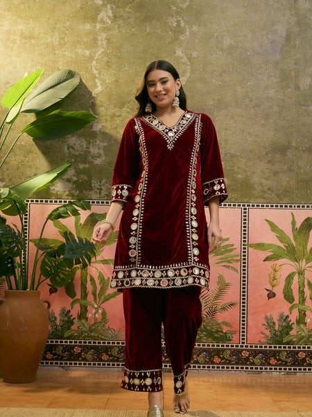 Maroon Floral Embroidered Velvet Straight Kurta With Trouser & Dupatta Kurta Set