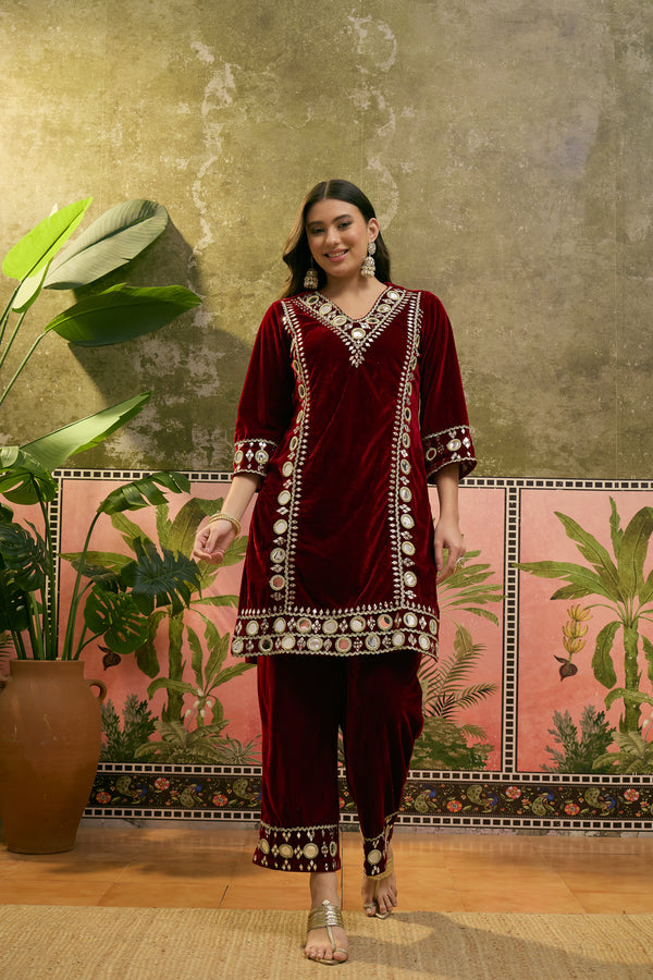 Maroon Floral Embroidered Velvet Straight Kurta With Trouser & Dupatta Kurta Set