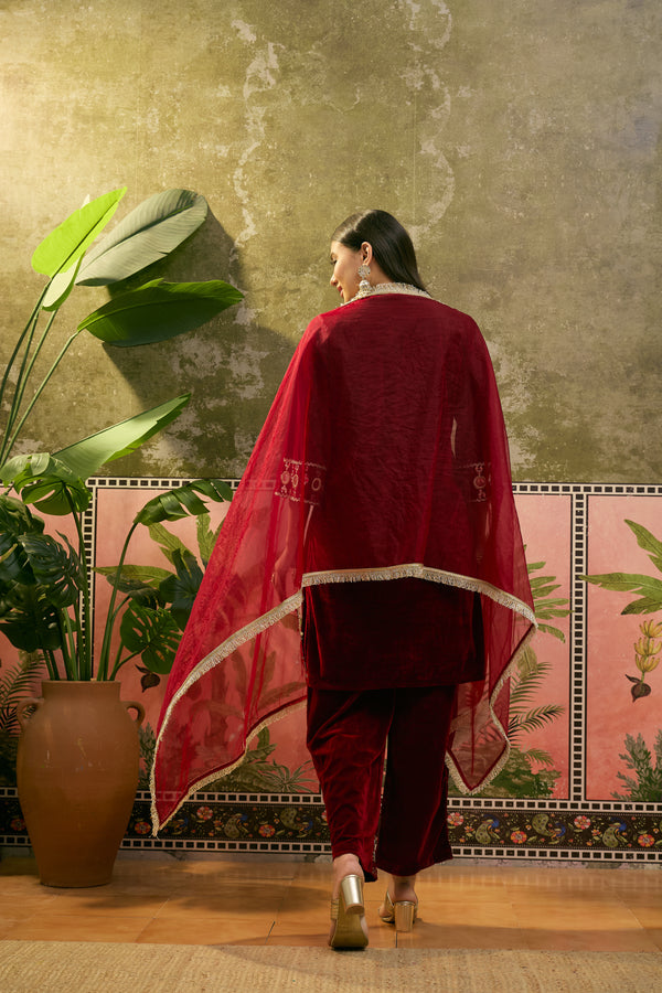 Maroon Floral Embroidered Velvet Straight Kurta With Trouser & Dupatta Kurta Set
