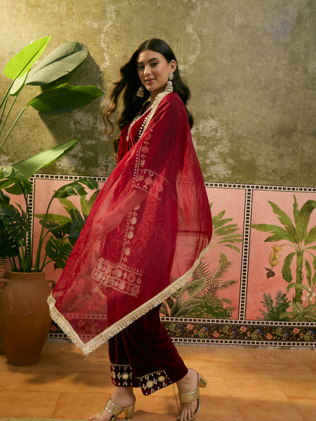 Maroon Floral Embroidered Velvet Straight Kurta With Trouser & Dupatta Kurta Set