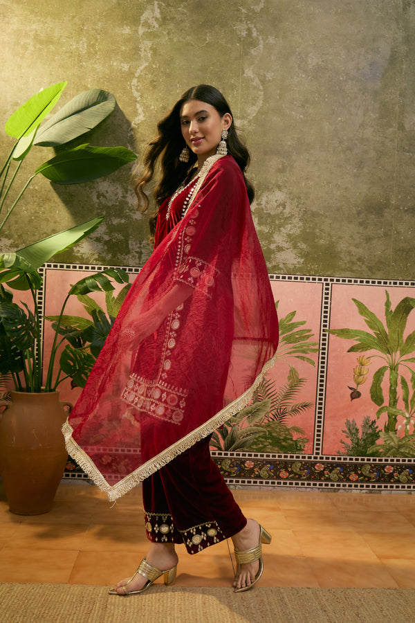 Maroon Floral Embroidered Velvet Straight Kurta With Trouser & Dupatta Kurta Set