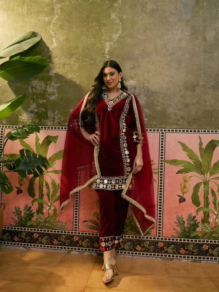 Maroon Floral Embroidered Velvet Straight Kurta With Trouser & Dupatta Kurta Set