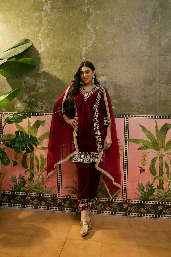 Maroon Floral Embroidered Velvet Straight Kurta With Trouser & Dupatta Kurta Set