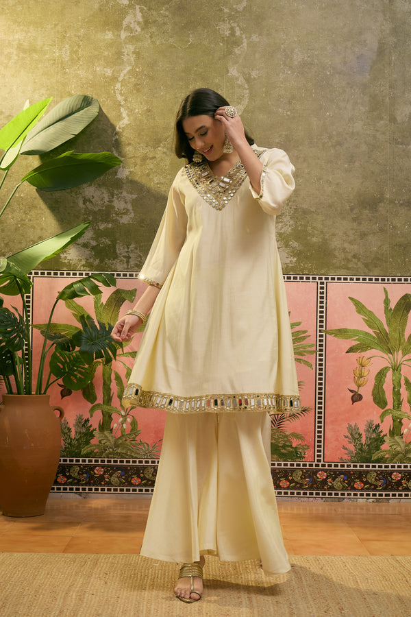Cream Mirror Work A-Line Kurta With Sharara & Dupatta Kurta Set