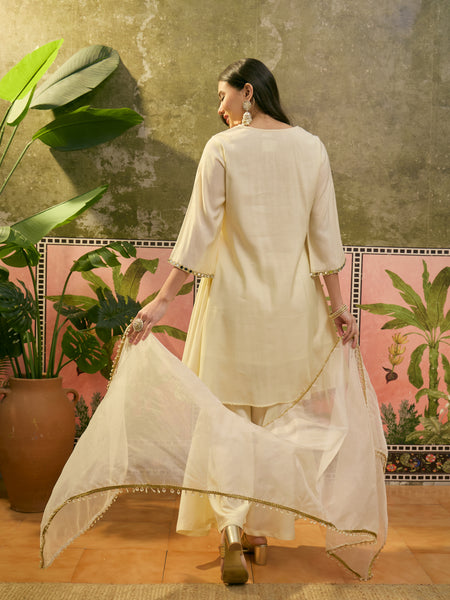 Cream Mirror Work A-Line Kurta With Sharara & Dupatta Kurta Set