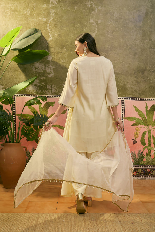 Cream Mirror Work A-Line Kurta With Sharara & Dupatta Kurta Set