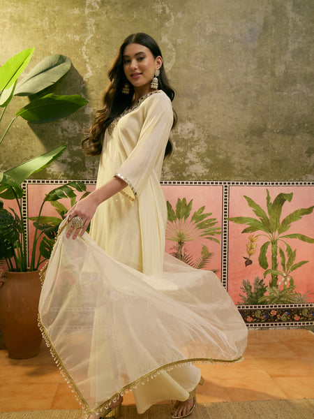 Cream Mirror Work A-Line Kurta With Sharara & Dupatta Kurta Set
