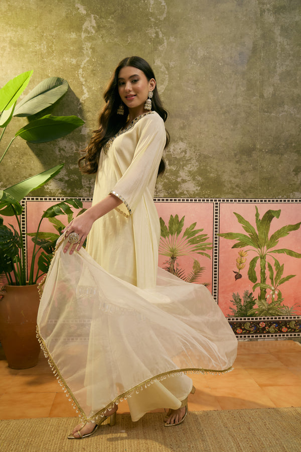 Cream Mirror Work A-Line Kurta With Sharara & Dupatta Kurta Set