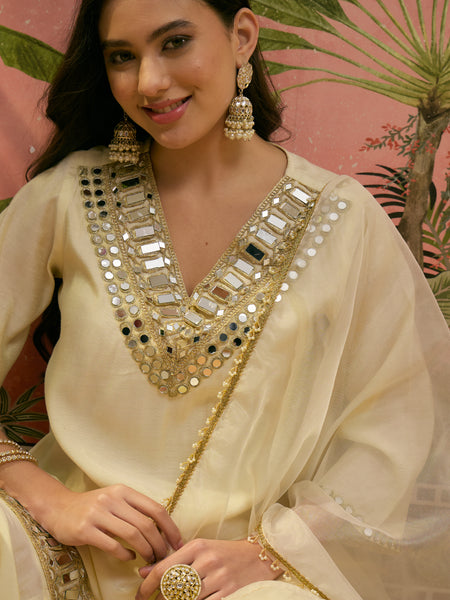 Cream Mirror Work A-Line Kurta With Sharara & Dupatta Kurta Set