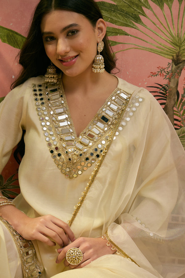 Cream Mirror Work A-Line Kurta With Sharara & Dupatta Kurta Set