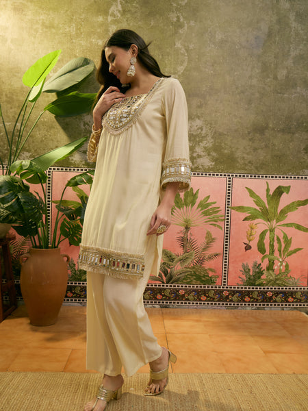 Embroidered & Mirror Work Straight Kurta With Trouser & Bags Kurta Set