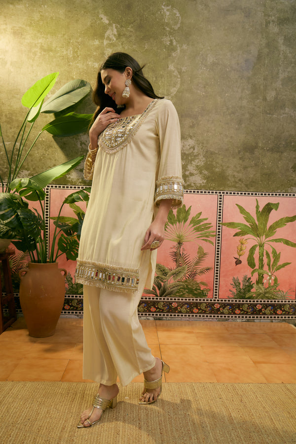 Embroidered & Mirror Work Straight Kurta With Trouser & Bags Kurta Set