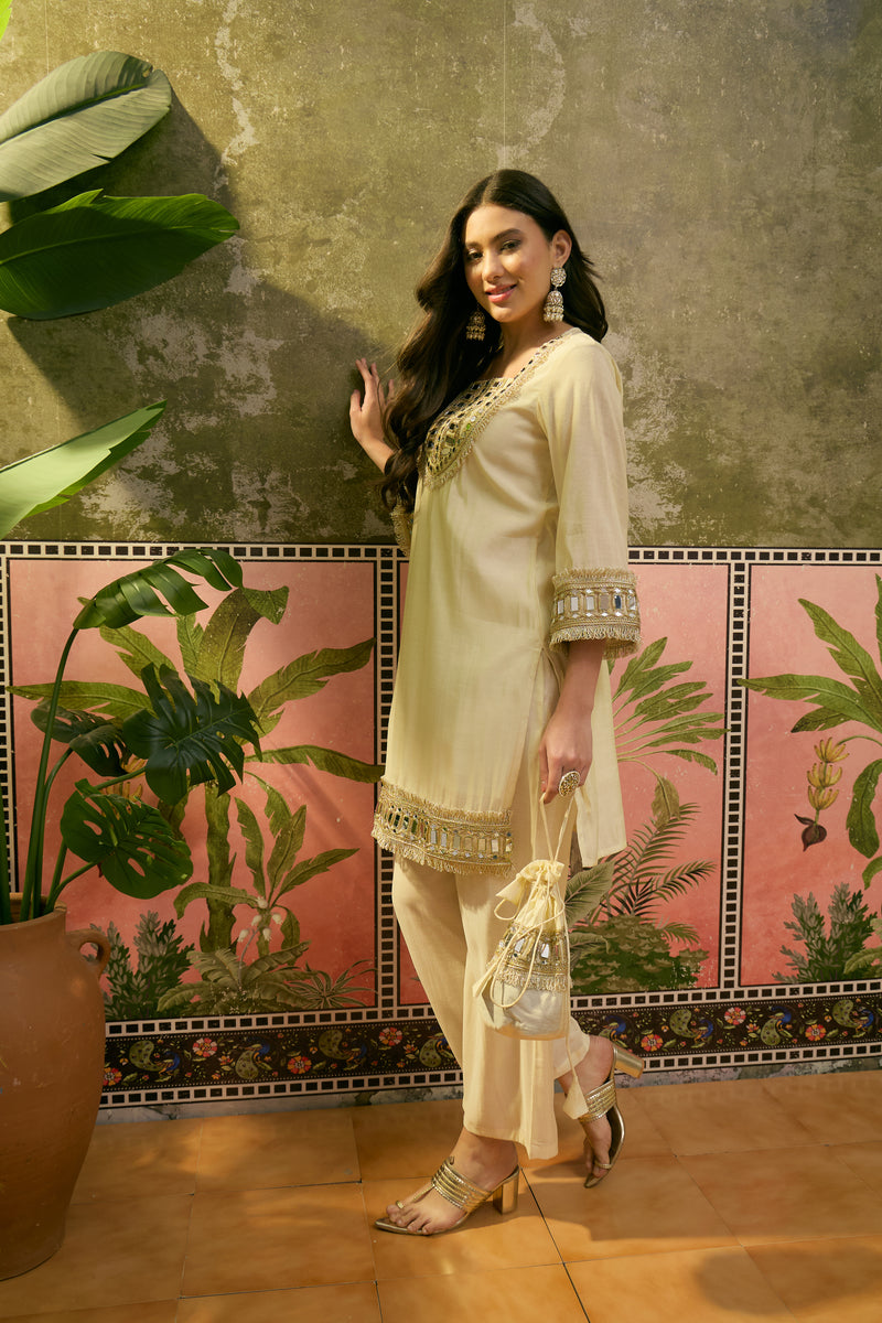 Embroidered & Mirror Work Straight Kurta With Trouser & Bags Kurta Set