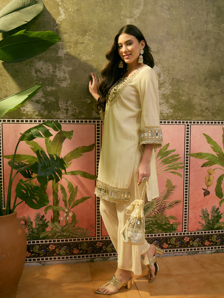 Embroidered & Mirror Work Straight Kurta With Trouser & Bags Kurta Set