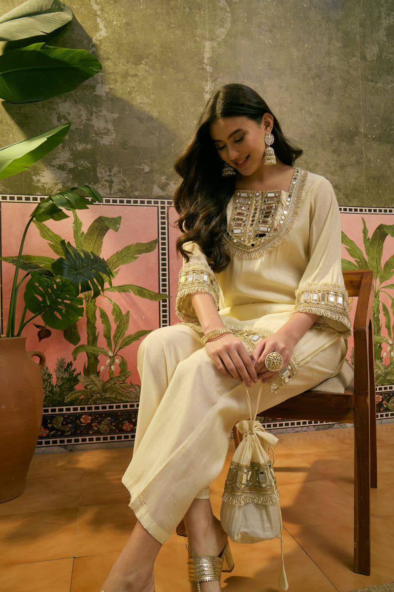 Embroidered & Mirror Work Straight Kurta With Trouser & Bags Kurta Set