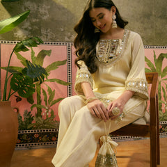 Embroidered & Mirror Work Straight Kurta With Trouser & Bags Kurta Set