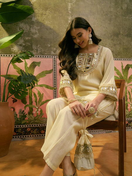 Embroidered & Mirror Work Straight Kurta With Trouser & Bags Kurta Set