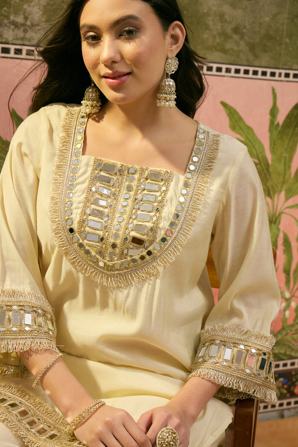 Embroidered & Mirror Work Straight Kurta With Trouser & Bags Kurta Set