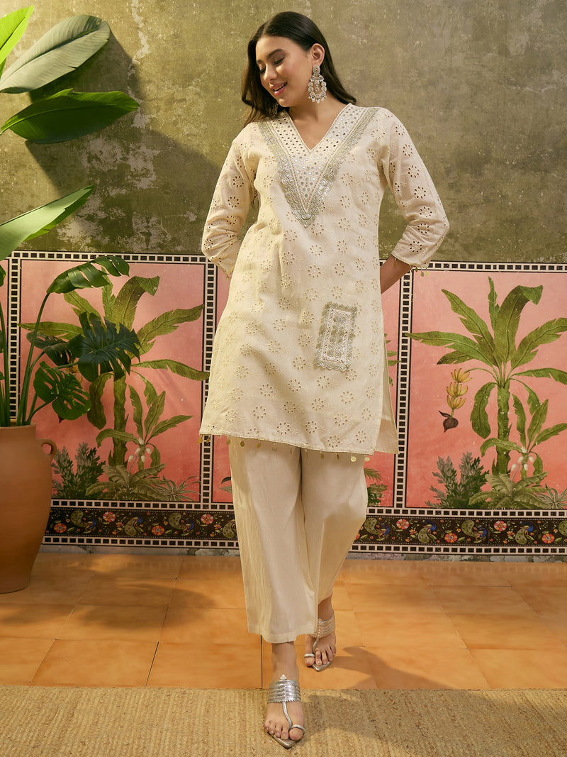 Pure Cotton Embroidered V-Neck Straight Kurta With Trouser & Dupatta  Kurta Set