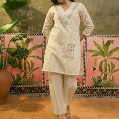 Pure Cotton Embroidered V-Neck Straight Kurta With Trouser & Dupatta  Kurta Set