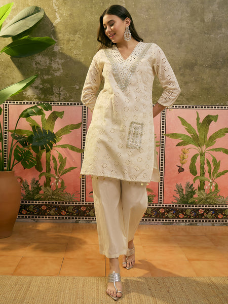 Pure Cotton Embroidered V-Neck Straight Kurta With Trouser & Dupatta  Kurta Set