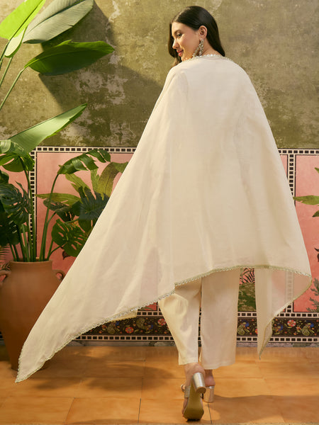 Pure Cotton Embroidered V-Neck Straight Kurta With Trouser & Dupatta  Kurta Set