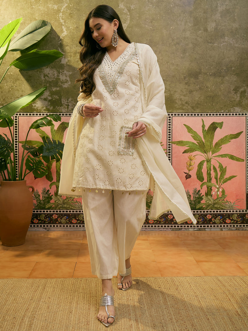 Pure Cotton Embroidered V-Neck Straight Kurta With Trouser & Dupatta  Kurta Set