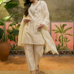 Pure Cotton Embroidered V-Neck Straight Kurta With Trouser & Dupatta  Kurta Set