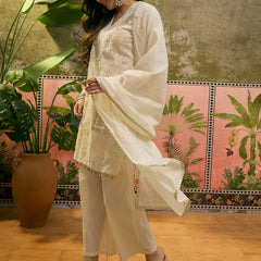 Pure Cotton Embroidered V-Neck Straight Kurta With Trouser & Dupatta  Kurta Set