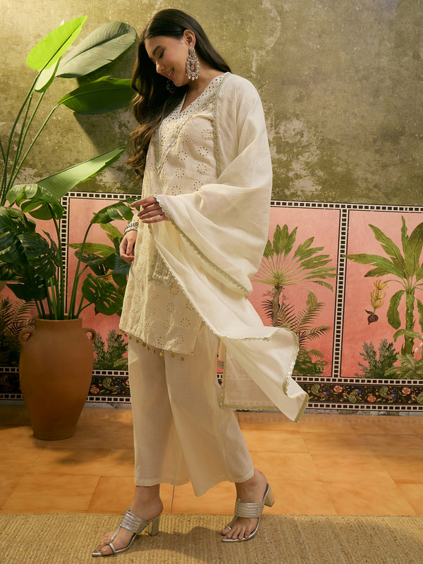 Pure Cotton Embroidered V-Neck Straight Kurta With Trouser & Dupatta  Kurta Set