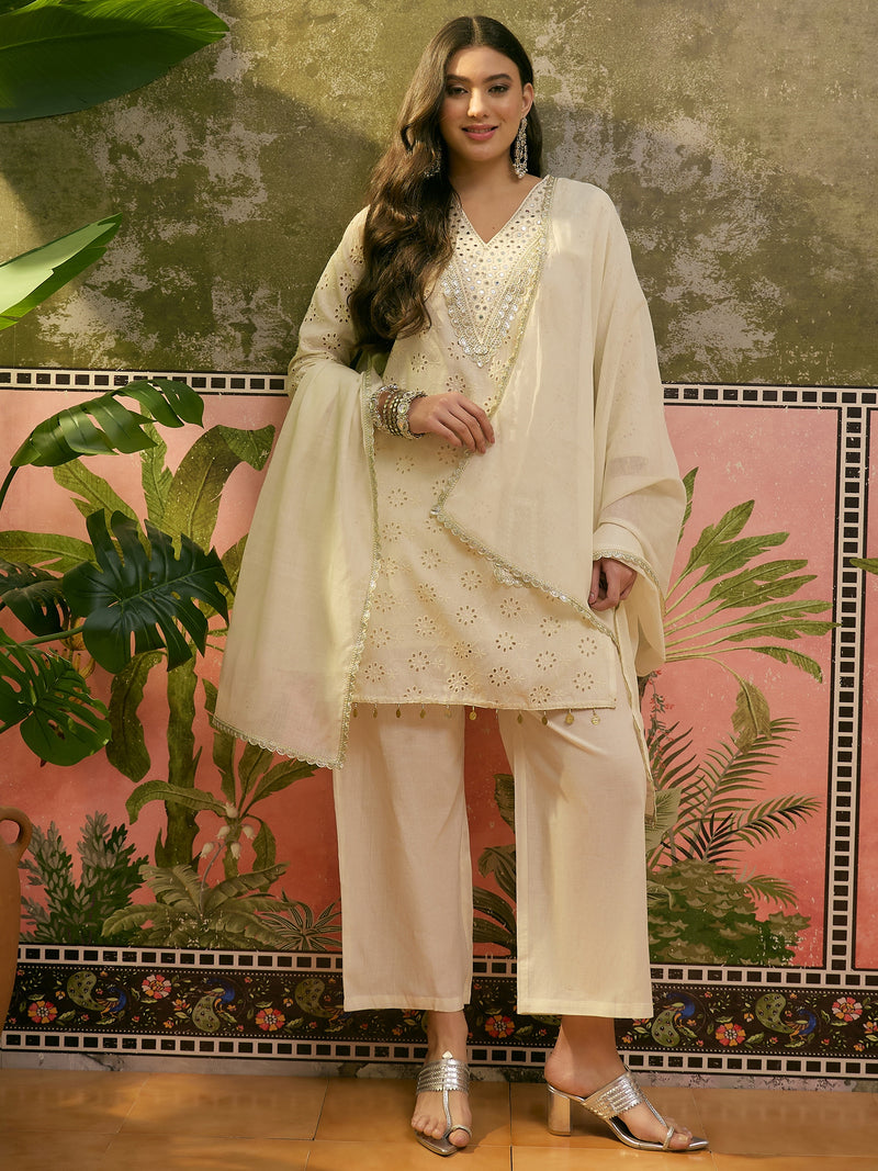 Pure Cotton Embroidered V-Neck Straight Kurta With Trouser & Dupatta  Kurta Set