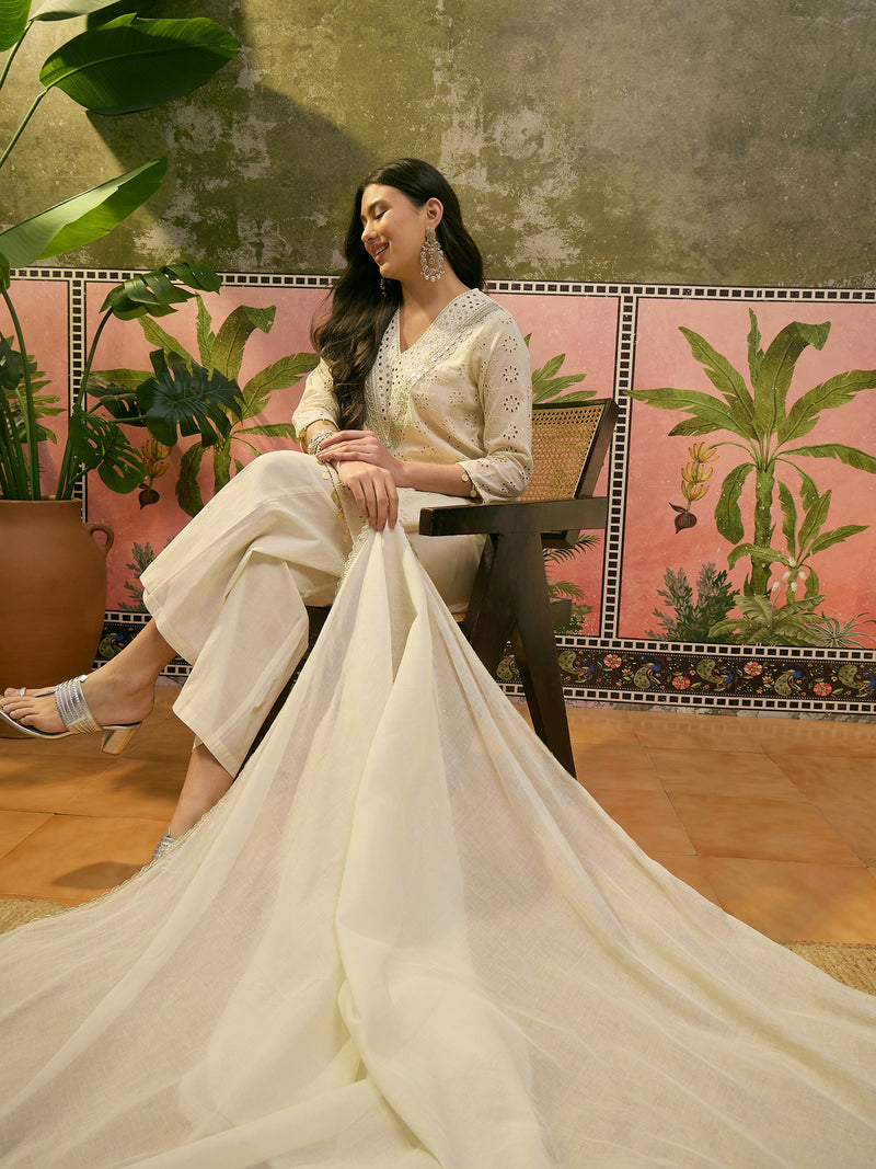 Pure Cotton Embroidered V-Neck Straight Kurta With Trouser & Dupatta  Kurta Set