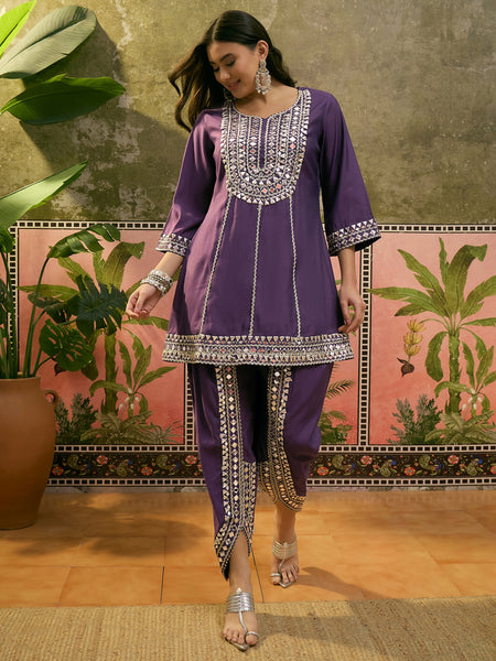 Floral Embroidered & Sequinned A-Line Kurta With Dhoti Pant & Dupatta Kurta Set
