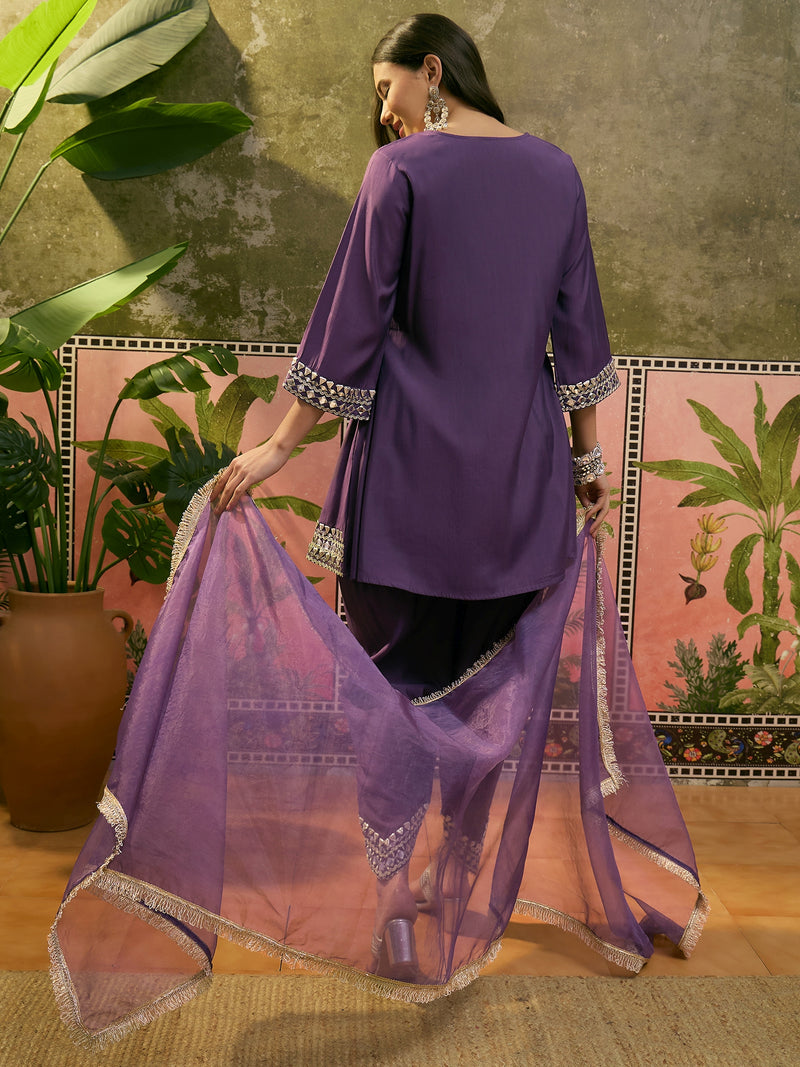 Floral Embroidered & Sequinned A-Line Kurta With Dhoti Pant & Dupatta Kurta Set