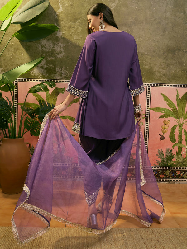 Floral Embroidered & Sequinned A-Line Kurta With Dhoti Pant & Dupatta Kurta Set