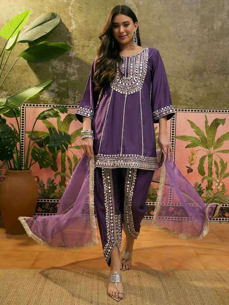Floral Embroidered & Sequinned A-Line Kurta With Dhoti Pant & Dupatta Kurta Set