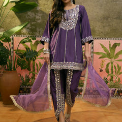 Floral Embroidered & Sequinned A-Line Kurta With Dhoti Pant & Dupatta Kurta Set