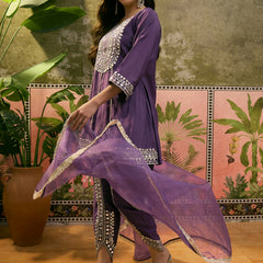Floral Embroidered & Sequinned A-Line Kurta With Dhoti Pant & Dupatta Kurta Set