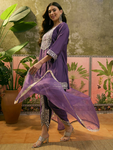 Floral Embroidered & Sequinned A-Line Kurta With Dhoti Pant & Dupatta Kurta Set