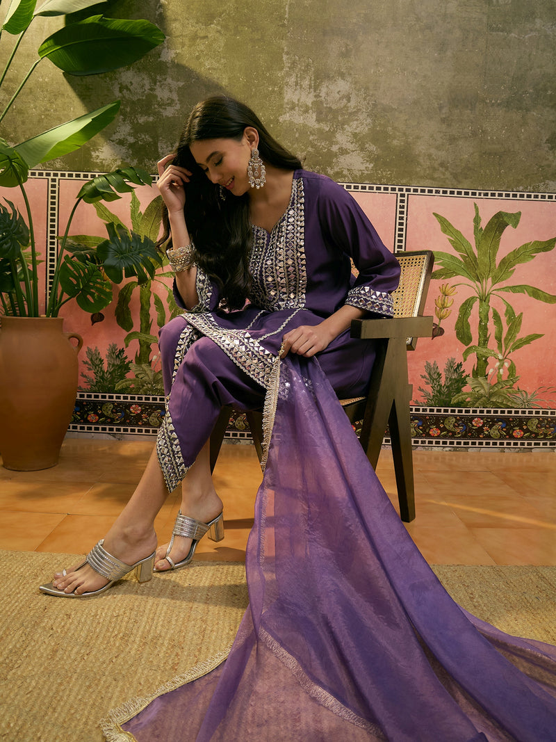 Floral Embroidered & Sequinned A-Line Kurta With Dhoti Pant & Dupatta Kurta Set