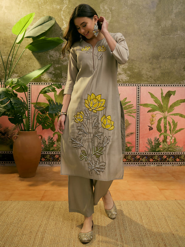 Floral Embroidered & Mirror Work Straight Kurta With Trouser & Dupatta Kurta Set