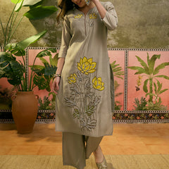 Floral Embroidered & Mirror Work Straight Kurta With Trouser & Dupatta Kurta Set