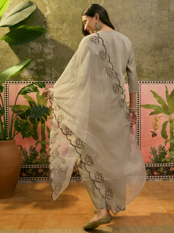 Floral Embroidered & Mirror Work Straight Kurta With Trouser & Dupatta Kurta Set