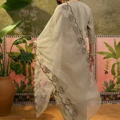 Floral Embroidered & Mirror Work Straight Kurta With Trouser & Dupatta Kurta Set