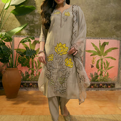 Floral Embroidered & Mirror Work Straight Kurta With Trouser & Dupatta Kurta Set
