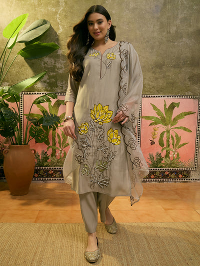 Floral Embroidered & Mirror Work Straight Kurta With Trouser & Dupatta Kurta Set